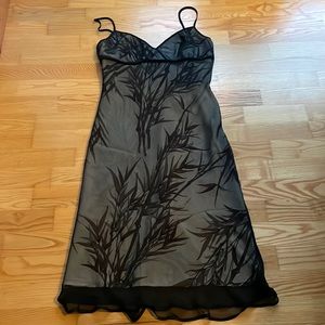 BCBG Max Azria bamboo print strappy dress. Sheer black overlay.
